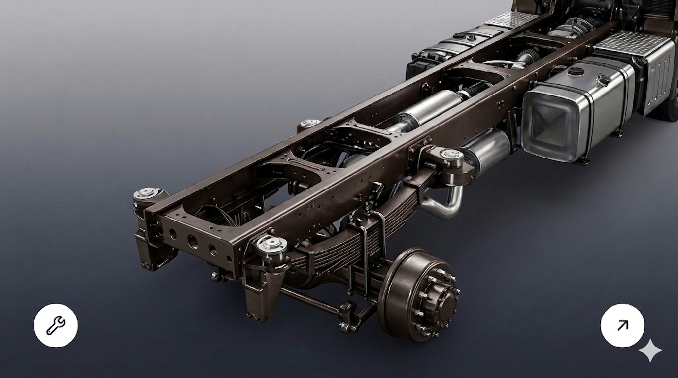 Truck chassis with axles, leaf springs and air tanks — Beropur protective coatings